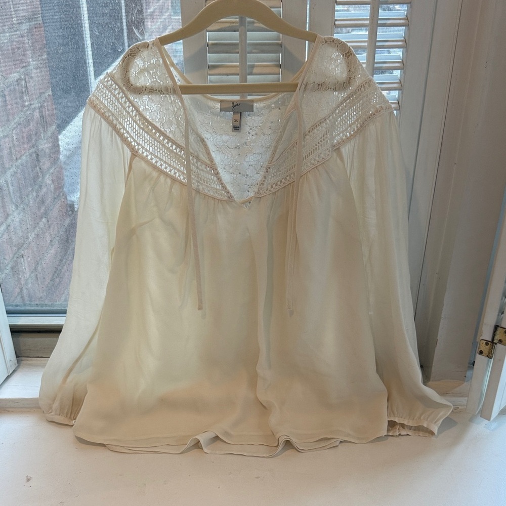 Joie Lace-Trim V-Neck Peasant Blouse — Cream